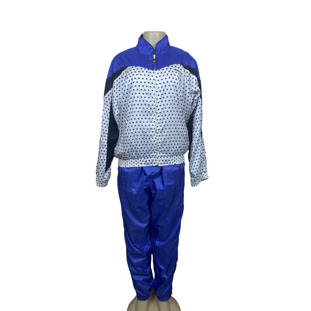Vintage Ellesse Women's White And Blue Polka Dots Tracksuit Sz 12